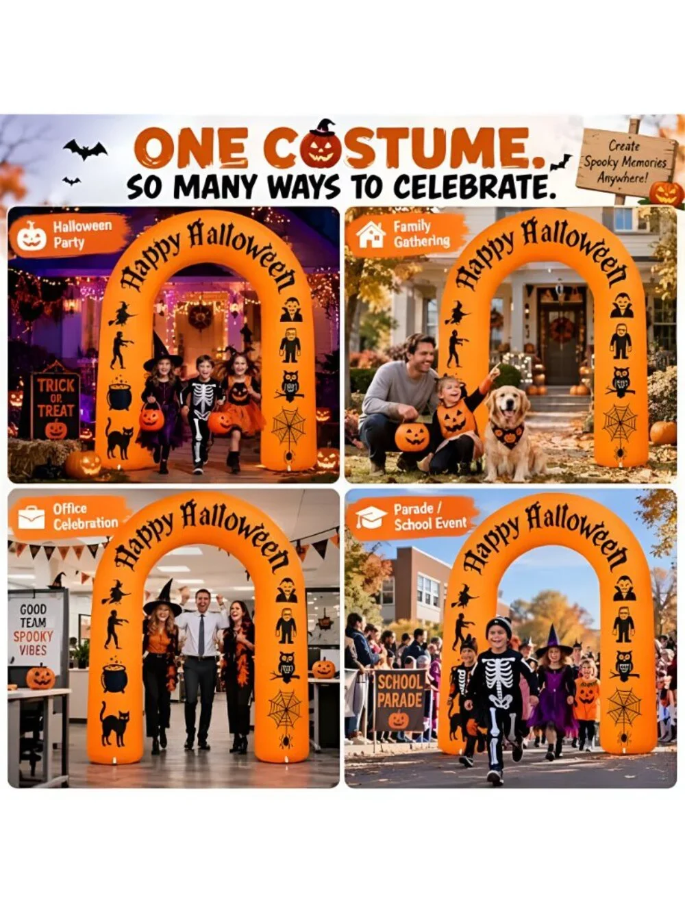 8FT Halloween Inflatable Arch with LED Lights, Orange, Happy Halloween Archway